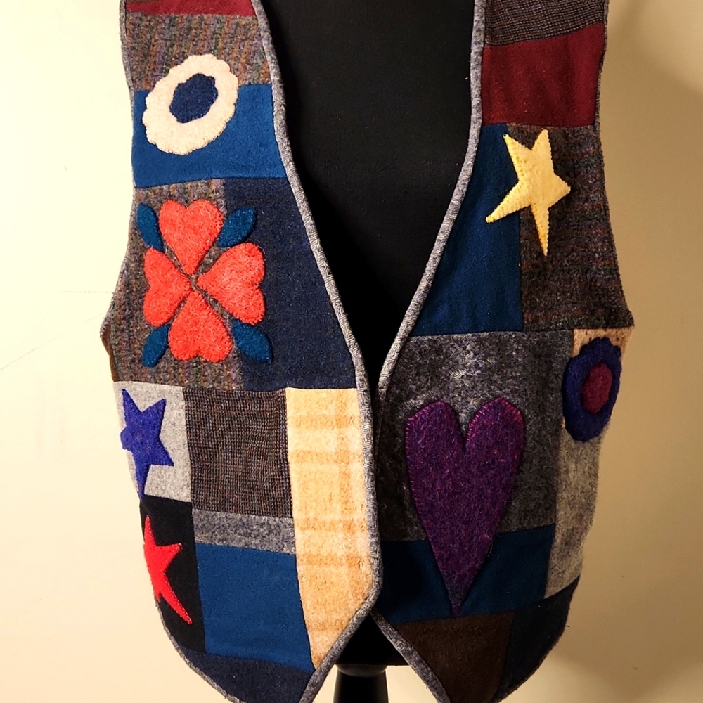 Unique rare vintage Felt wool  embroidered patchwork open front sweater vest